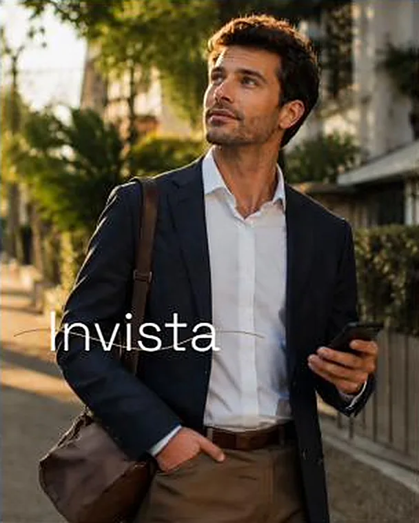 Homem de blazer caminhando na Vila Mariana, com a palavra Invista sobre a imagem